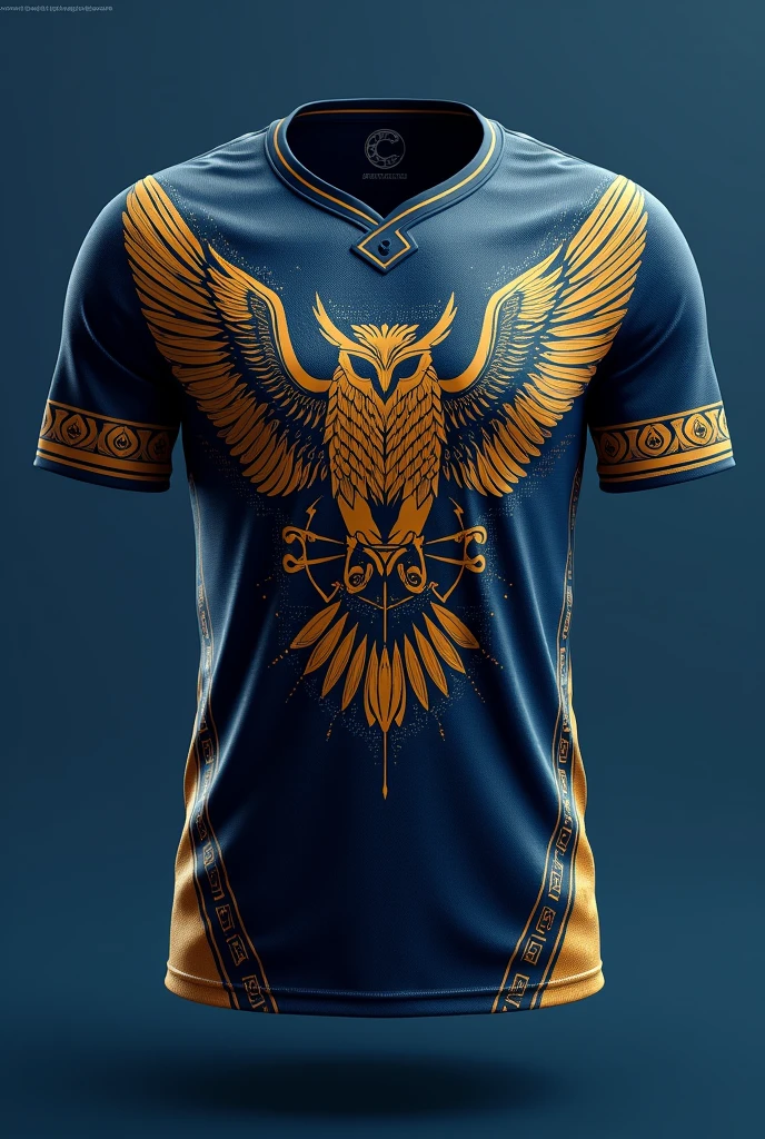 Create a simple game jersey with the blue color, gold and black, with a drawing related to the goddess Athena and an owl
