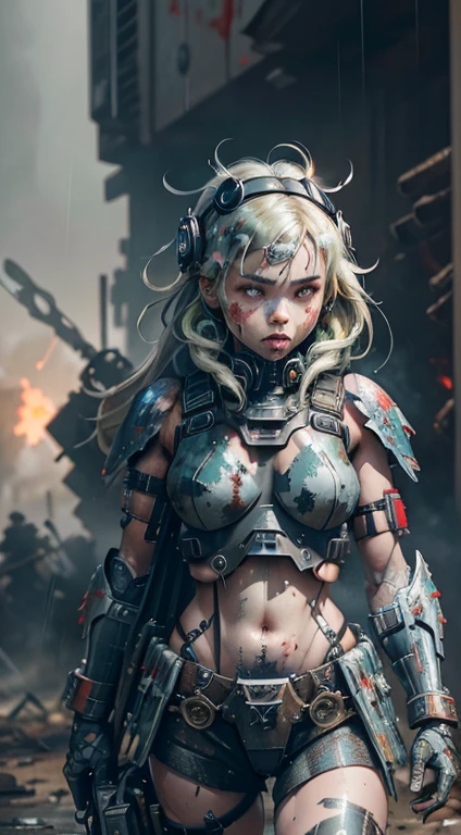 Postapocalyptic combat scene with a Beautiful hyperrealistic photograph of cute Young Swedish woman with Runic tattoos, ((dirty face Blood splattered)), (((wearing full heavy mecha armor, combat harness, Neon highlights))) Short Red Dreadlocks, combat pose, (((Holding on to the side of a combat Sci-Fi Combat helicopter))), exterior of Destroyed building, Fires, Smoke, debris, Camo netting, Ammo Boxes, Rain, Stormy, Wet, abstract beauty, near perfection, pure form, intricate detail, 8k post-production, High resolution, super Detail, trending on ArtStation, sharp focus, studio photos, intricate detail, Very detailed, By Greg Rutkowski