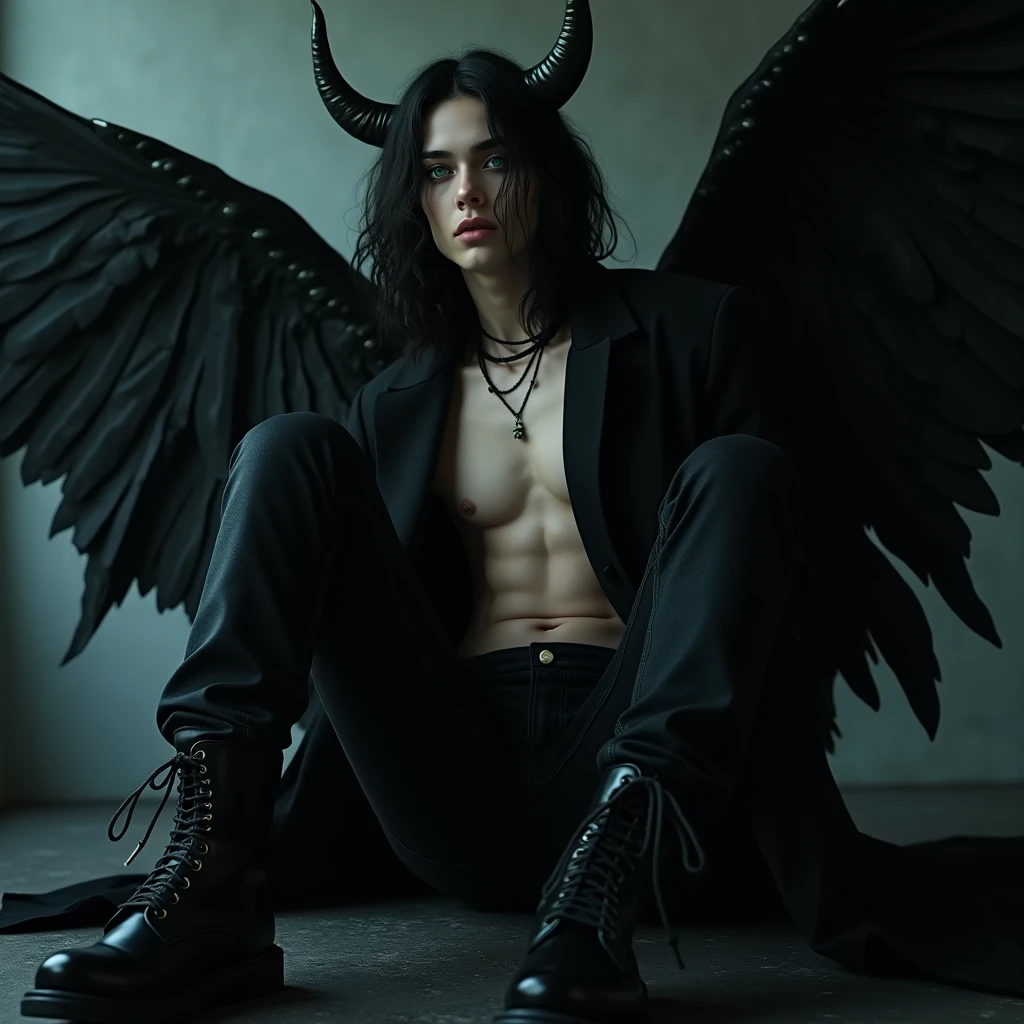 
((Best quality)), ((masterpiece)), 8k (detailed), ((perfect face)) ((fullbody)), perfect proportions, He is a gorgeous devil, his facial features delicate and perfect. He has black long hair and teal-blue eyes. Wearing black shiny leather jeans and a black trench coat. He has long eyelashes, his skin is white and pale. (No facial or body hair) He is sexy. He has gothic makeup on his face. He is 19 years old. The overall look is very erotic. ((Black and purple)) ((sexy)) ((seductive) ((looking down)) ((Smirking)) male) boy. ((Black wings)) ((Raising his leg and putting his boot on the camera))