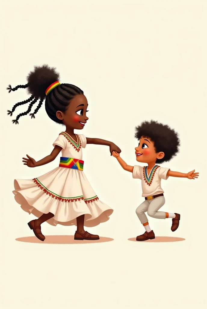 Cartoons of an African American girl with braids dancing saya wearing a white dress with a Bolivian flag belt and a Yungas boy dressed in white with the colors of the Bolivian flag playing a drum dancing Afro-Bolivian saya without background