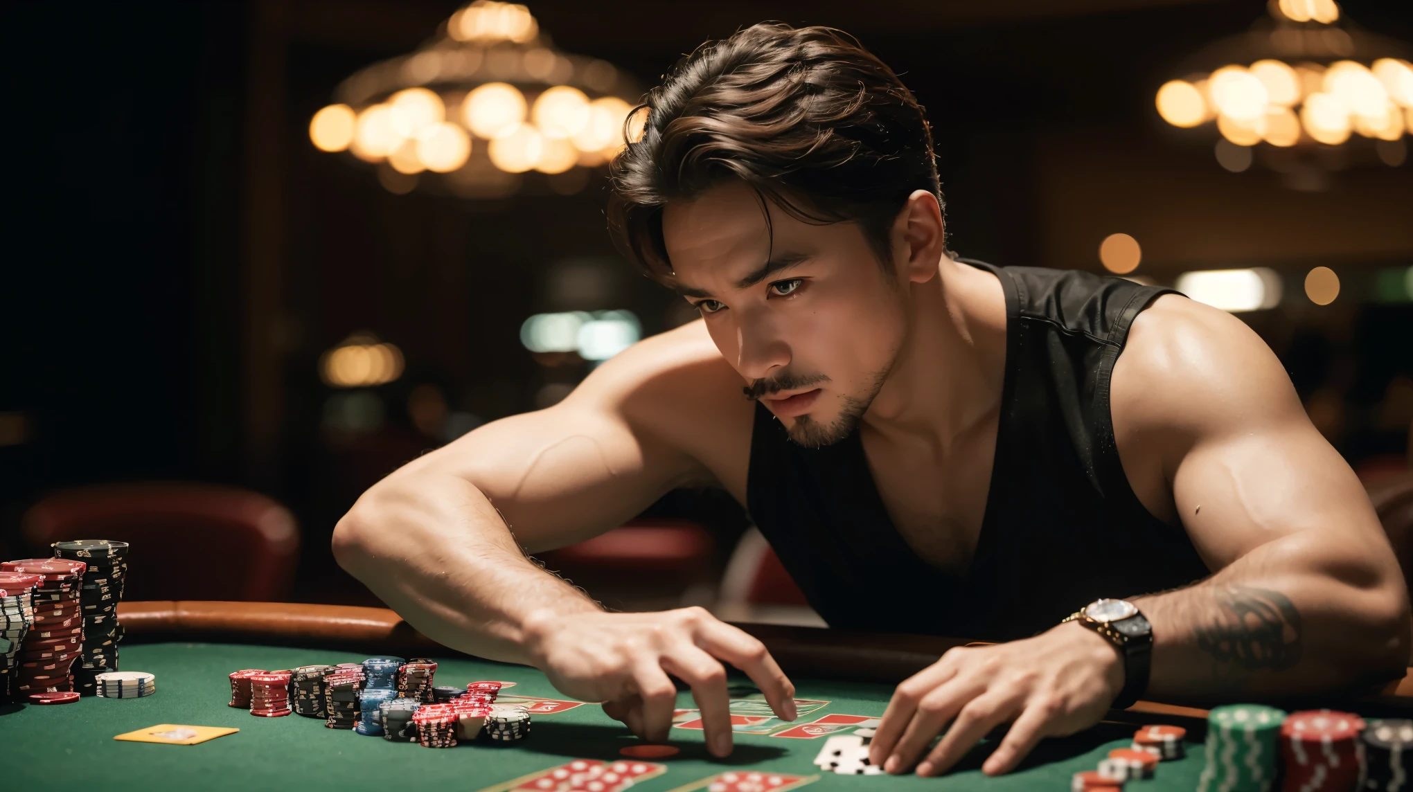 a man gambling, casino, gambling table, dice, playing cards, chips, roulette wheel, cigar, suspenders, serious expression, chiaroscuro lighting, cinematic composition, dramatic atmosphere, moody colors, 4k, 8k, highres, masterpiece, ultra-detailed, realistic, photorealistic, photo-realistic, HDR, UHD, studio lighting, extreme detail description, professional, vivid colors, bokeh
