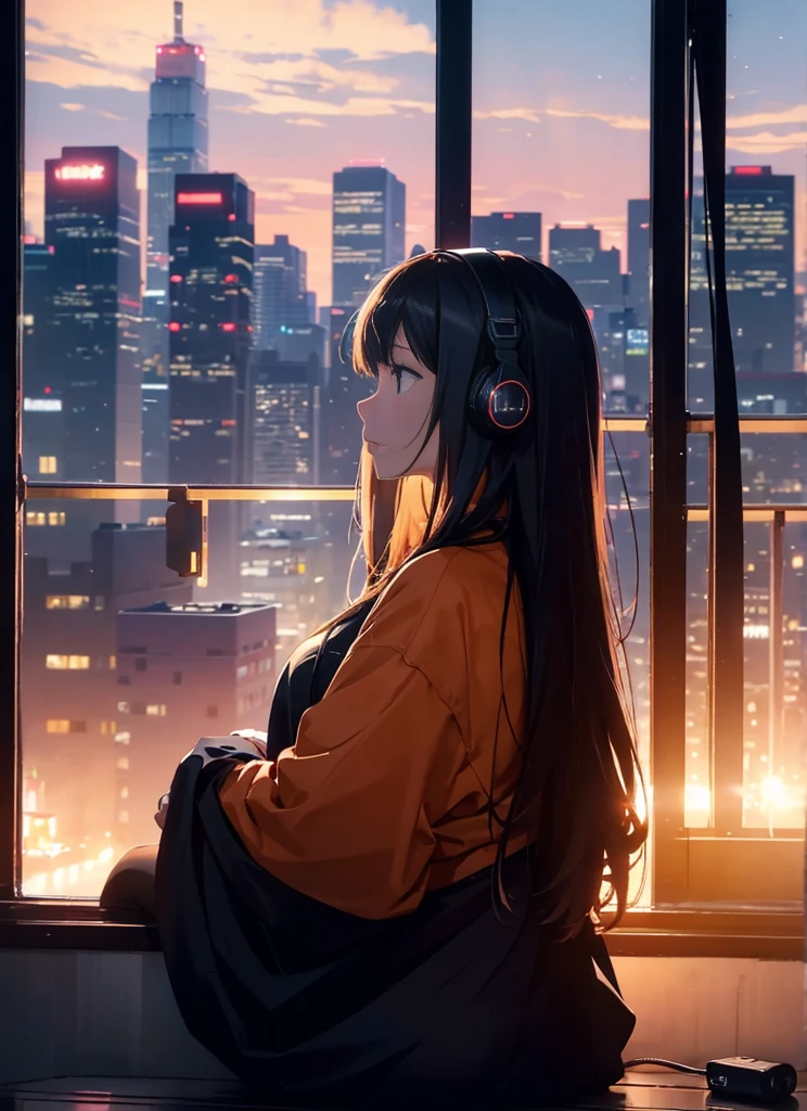 Octane number: 95,
(Max resolution: 1.2), (Ultra HDTV: 1.2), cinematographic light, 8K resolution, Detailed facial features, anxious expression,
Red sunset casts an amber glow, stars twinkle in the clear night sky, scenery painted in hues of orange and blue,
One girl in silhouette, wearing headphones, sits alone on a wooden stoop, lost in thought,
Long hair cascades down her back in the gentle breeze, a city skyline looms in the distance,
She gazes up at the milky way, contemplating the vastness of the universe,
The