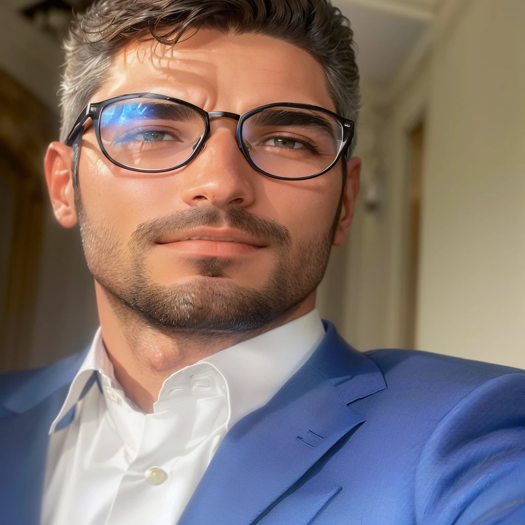 There is a man wearing glasses and a blue suit and tie, Marco Bucci, wearing a suit and glasses, Alessandro Barbucci, emanuele dascanio, Stefano Brunesci, alessandro bavari, Ricardo Federici, Vicente Maréchal, Ignacio Fernández Rios, federico pelat, nasreddine dinner, Simone Graça
