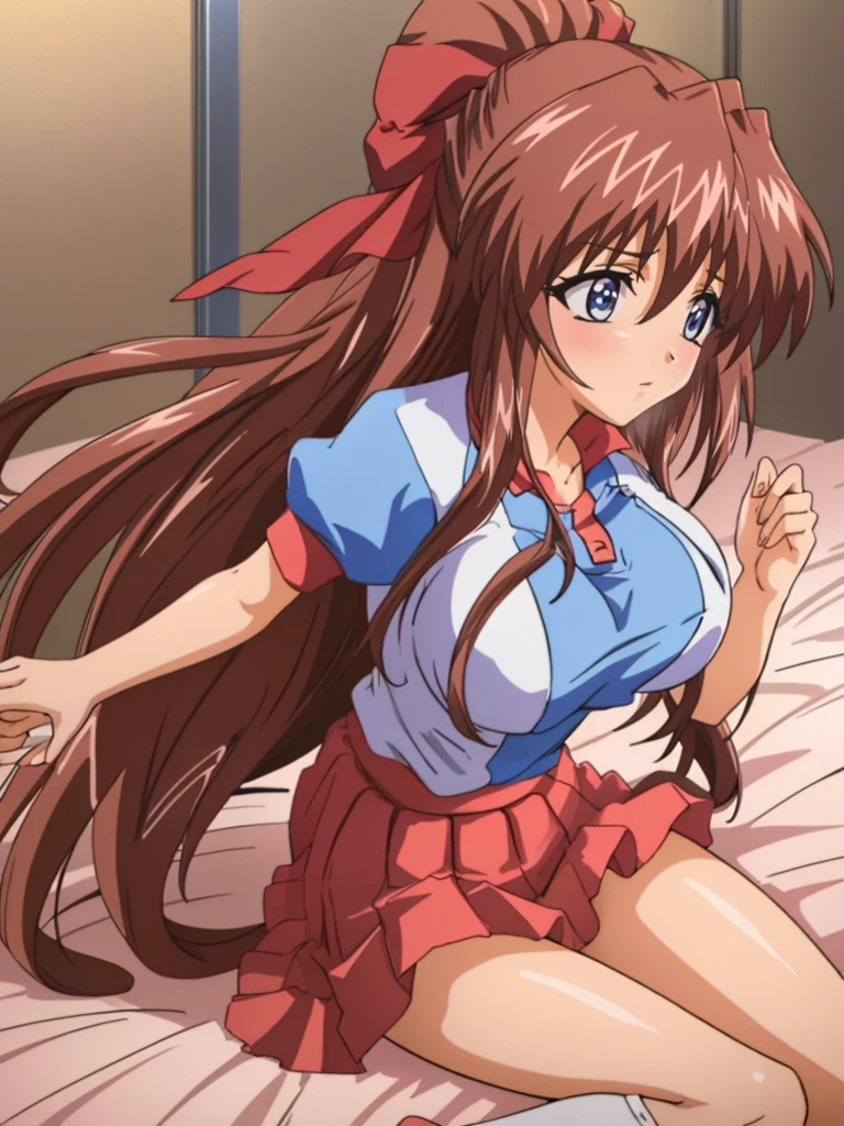 (Anime artwork, Anime Style, Studio Anime, Very detailed, up to date, Vibrant, Anime Coloring Book, High Contrast, masterpiece:1.2, Highest quality, Best aesthetics), (Beautiful and detailed:1.2), Aoi Tennis, 1 person, Hair Ribbon, Tennis uniform, Polo shirt, Raglan sleeves, Pleated skirt, Red Skirt, blush, Lips parted, liar, On the bed, Pink Good, In a seductive pose, Lying horizontally on the floor, Turn to face the audience, From the side,Skirt Lift, No pants,White knee socks,Asymmetrical bangs, Perfect Proportions, Skin with attention to detail, cute, Detailed face,