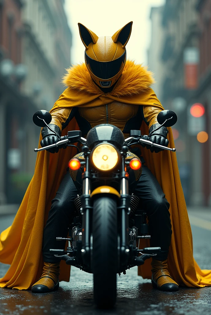Make a Power Rangers Psycho Rangers with details of a dark yellow fox with a cape and claws with 2 police giroflex on the helmet on both sides of the motorcycles