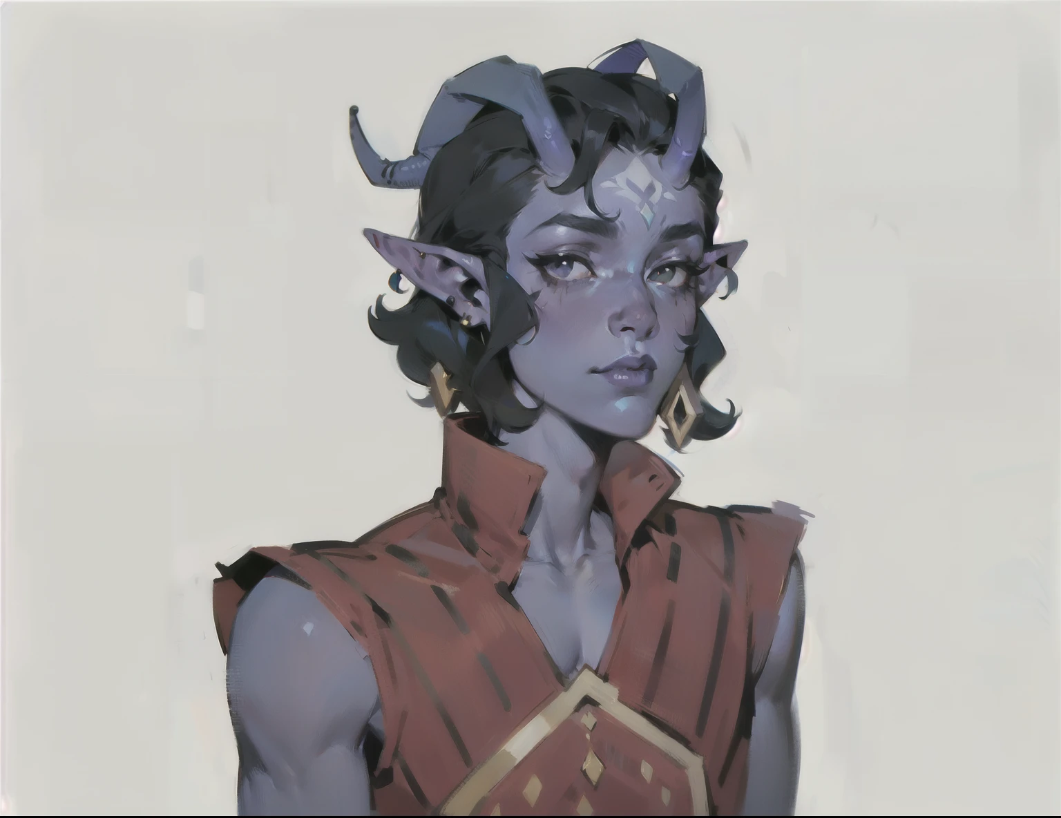 man, black hair with gray strands, elf ears, earrings in the ears, horns, purple skin, Scar on face