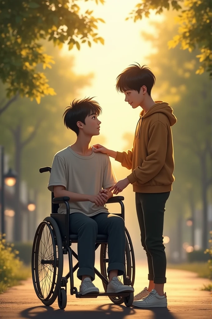 Taehyung in a wheelchair and Jungkook standing next to him 