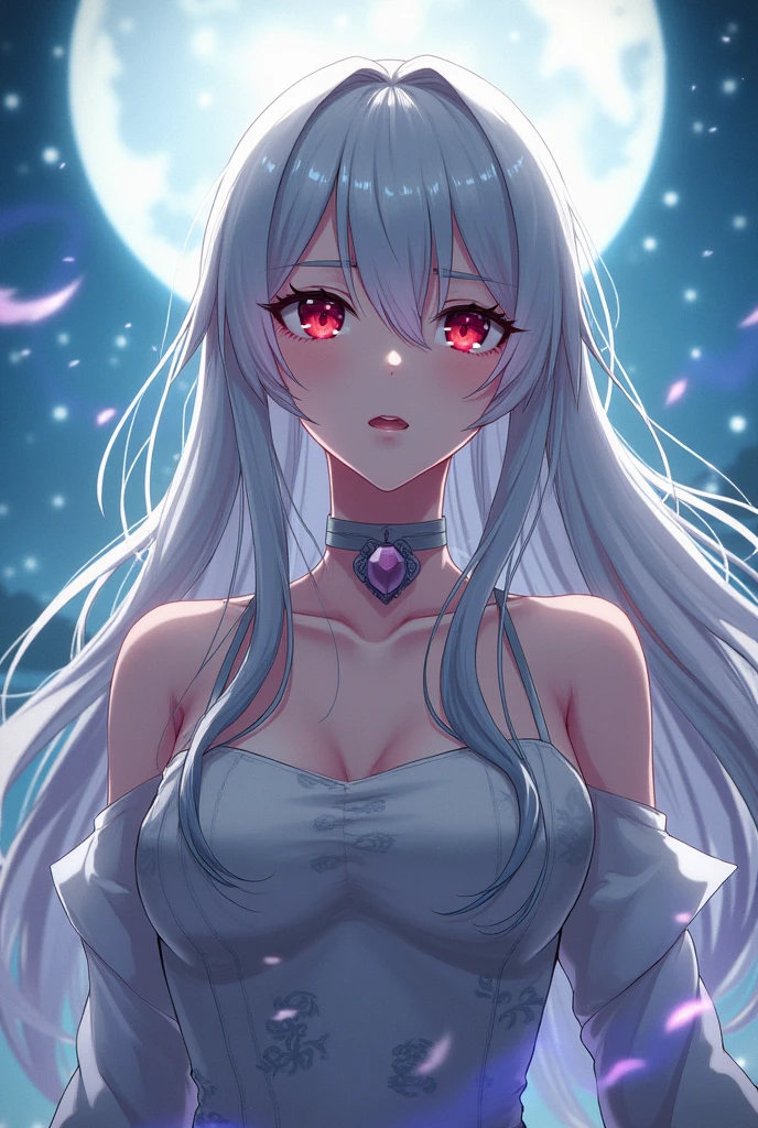 (ultra-detailed, best quality, portraits:1.2), Boosette, vibrant colors, detailed face and body, seductive expression, white lace lingerie, flowing dark hair, sultry pose, glowing eyes, soft lighting
