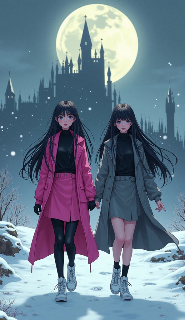Two girls, long black hairs, yuri, Vampire Hunters
The first girl wear a pink long coat, black shirt, pink pencil skirt, black underpants, black tights, black gloves, white socks, white sneakers high top.
The second girl wore a grey long coat, black shirt, grey pencil skirt, black underpants, black tights, black gloves, white socks, white sneakers high top.
walking forward and heading towards the vampire castle, snowing, grey blue sky, moon, cartoon novel, 4K, HD