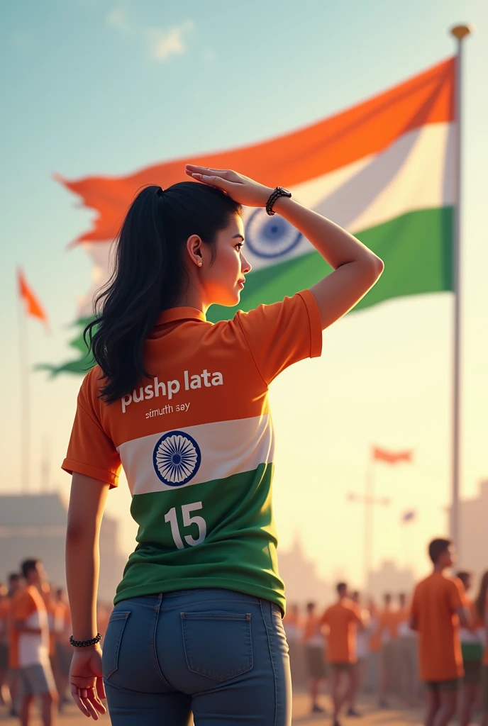 A 30 years old girl salutes the national flag of bharat and he is wearing a shirt print is like bharat flag and "pushp lata" and 15 number and independence day in small is written on it's back in big and bold fonts, 3d illustration
