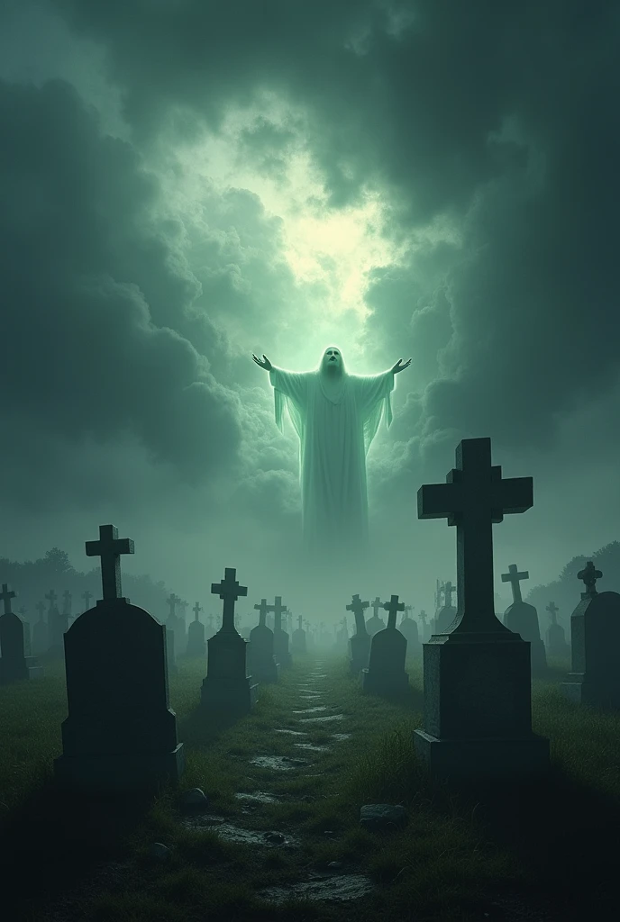 {
"size": "1024x1024",
"prompt": "A dramatic scene of a cemetery at night, with graves opening and the dead rising, as described in the Bible. The cemetery is dark and eerie, with tombstones and crosses partially covered in mist. The sky is filled with an ominous, dark cloud formation, but there is a divine light breaking through, illuminating the rising figures. The resurrected dead are depicted as glowing, ethereal figures, emerging from their graves with peaceful expressions. The overall atmosphere is a blend of awe, mystery, and the supernatural."
}
