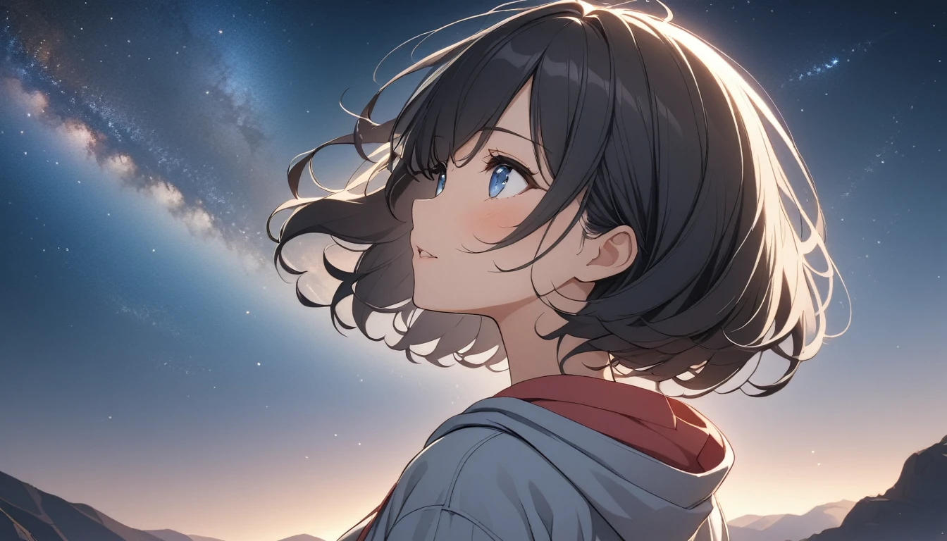 Starry Sky、milky way、One woman、Black Hair、Short Hair、Hair blowing in the wind、Blue Eyes、Wearing a hoodie、Back view、Upper Body、Low - Angle