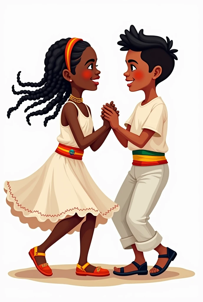 Cartoons of an African American girl with braids dancing saya wearing a white dress with a Bolivian flag belt and a Yungas boy dressed in white with the colors of the Bolivian flag playing a drum dancing Afro-Bolivian saya without background