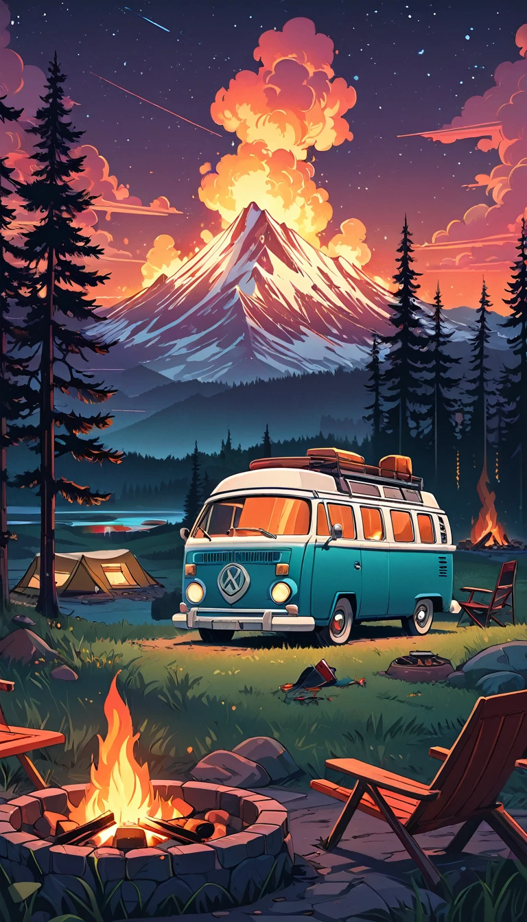 a camper van parked next to a fire pit, night, animation illustrative style, beautiful digital illustration, stunning digital illustration, ( ( ( ( ( dan mumford ) ) ) ) ), featured on illustrationx, dribbble illustration, beautiful retro art, wonderful compositions, camping, scenery art detailed, in the style dan mumford artwork, simon stålenhag color scheme