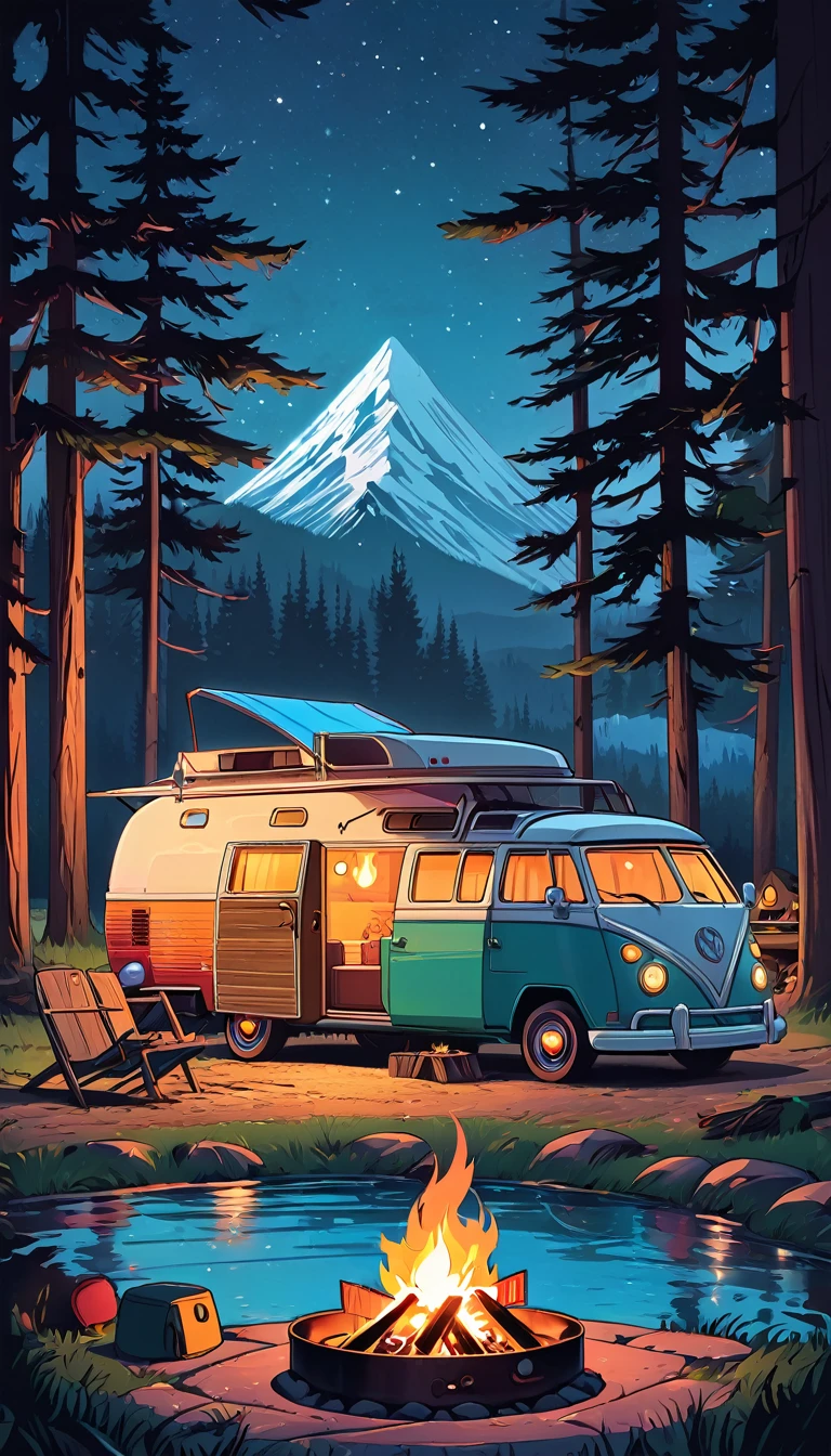 a camper van parked next to a fire pit, night, animation illustrative style, beautiful digital illustration, stunning digital illustration, ( ( ( ( ( dan mumford ) ) ) ) ), featured on illustrationx, dribbble illustration, beautiful retro art, wonderful compositions, camping, scenery art detailed, in the style dan mumford artwork, simon stålenhag color scheme