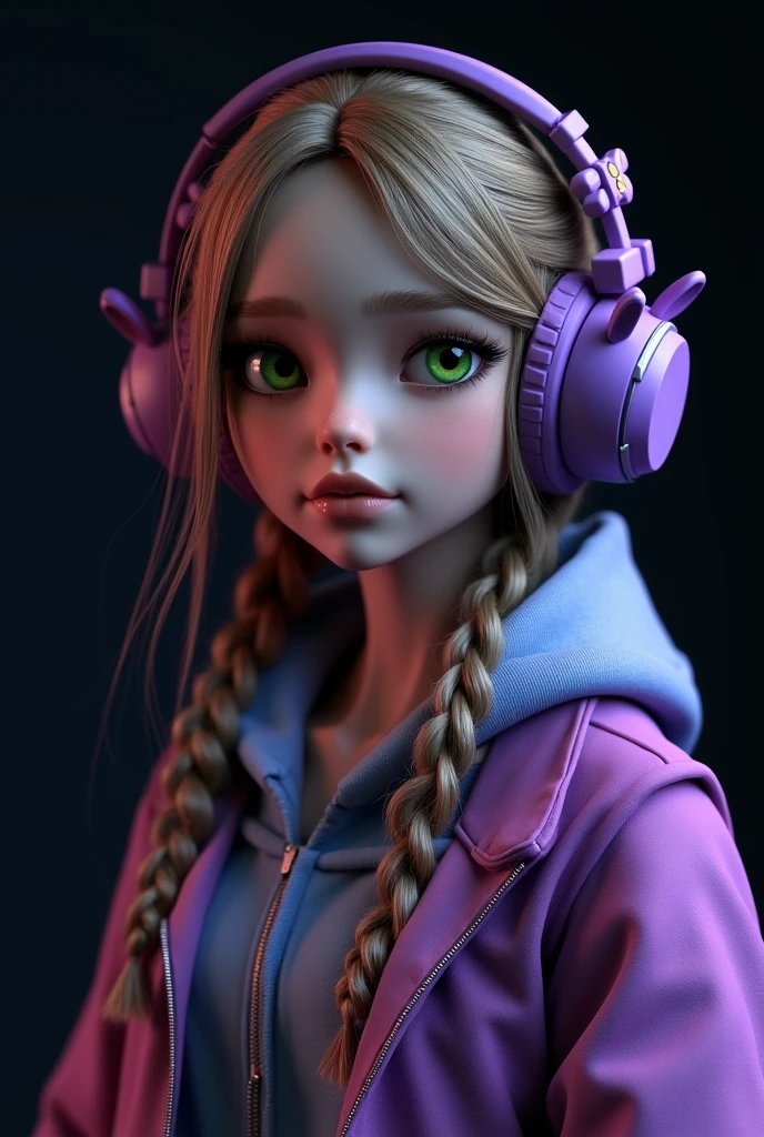 3d model, A 3D model of a realistic girl closeup, white descent, with braids, wearing a purple gaming headset, with various gaming accessories like a VR headset and joystick on a plain black background., figure, octane render volumetric, highly detailed videogame aesthetic, blurry, muted colors, long exposition motion blur, portrait shot.from chest to face, adult content waifu. age 23-24. include chest. bunny headphone. white russian girl with white skin not black. i dont want black girl, i want white american girl, clear white skin and green eyes?