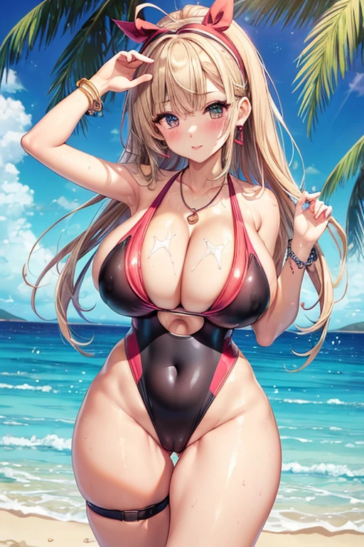 Ultra HD、Ultra-high resolution、Noise Reduction、perfection、Image quality adjustment、balance change、Optimal Lighting、、High Leg、Swimwear、Camel Toe、great tit、Nipple puffs、Cleavage、Plump、Super big breasts、Super big ass、Bubble Butt、((V-shaped swimsuit: 1.5)), ((High leg up to the chest: 1.2)), pubic mound, competitive swimsuit, cutest in the world, ((Poses partially exposing the vulva: 1.5)), pubic mound, G-string swimsuit,, ((Oily skin, sun oil, black shine, shiny skin, gyaru, dewy, tanned skin: 1.3)), ((Super big breasts, saggy breasts: 1.6))、Mons pubis、eye shadow、Long eyelashes、Shaped eyebrows、Tear bags、Lip gloss、紅いlipstick、Eyeliner、Red blush、Headband、ribbon、Manicure、Pedicure、nail、Earrings、Earrings、lipstick、necklace、Thick lips、Heterochromia、Bracelet、Caster wheel、first round、Hair Charm、Lip gloss、Long False Eyelashes、Ahoge