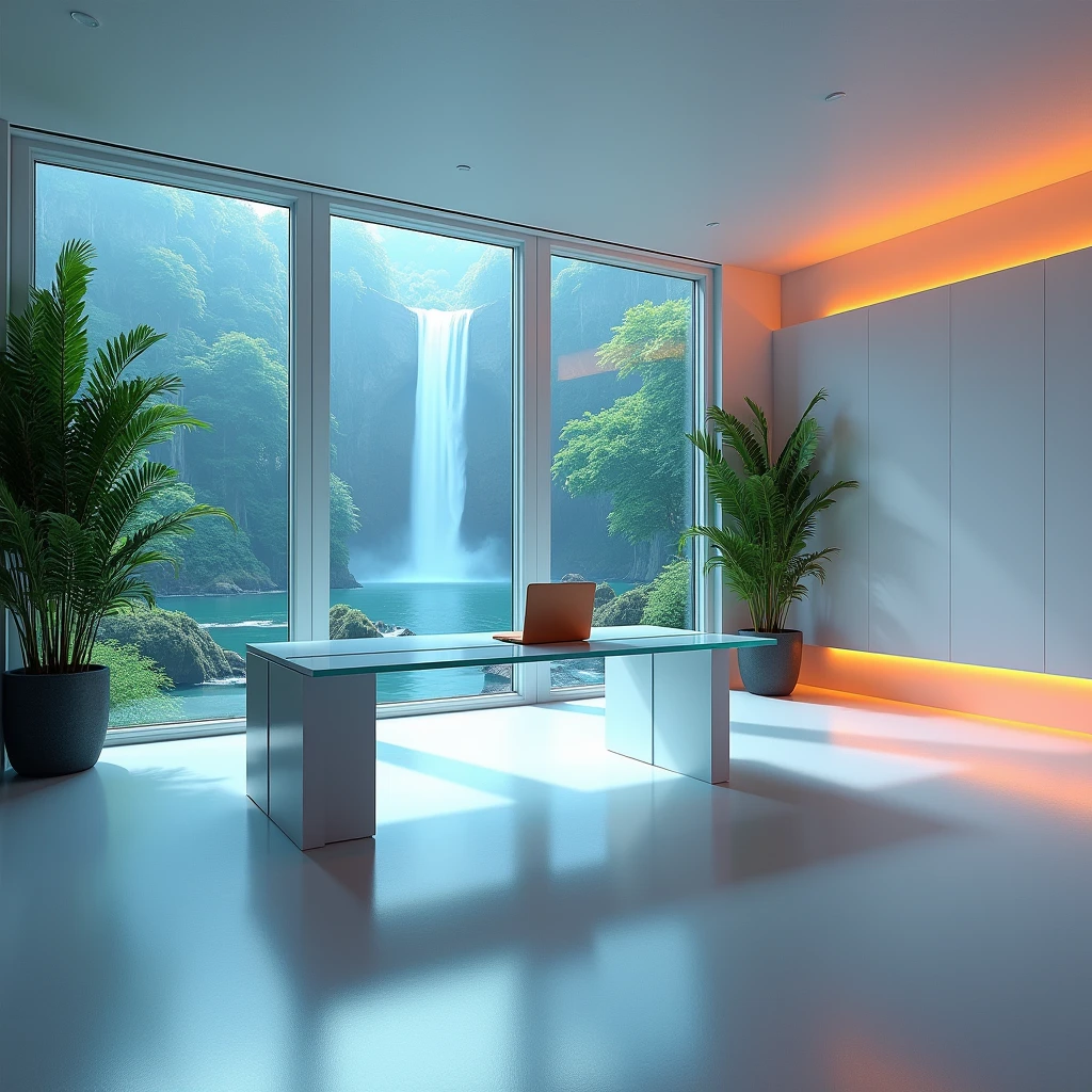 A square photo of modern office room with modern office table with two glass windows showing the view of beautiful waterfall with greenary background and right side long blank wall with gold touch and flat ceiling and futurist photo with calm and cool and colourful, inside the room should be colourful.