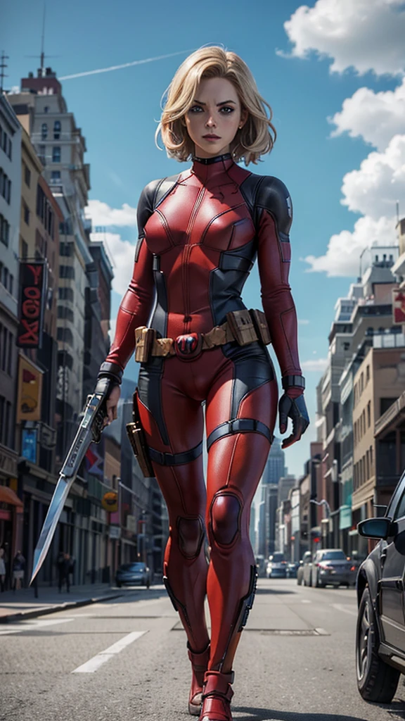 Deadpool, (Marvel comics), Marvel X-Men, sexy girl, powerful, red classic sexy suit, broken suit, Young, skynny body, small and beautiful buttocks, toned abdomen, small and beautiful breasts, nija sword, guns, very sensual, she is fighting in the city, planes, clouds, New York City on fire, destroyed buildings in the background, Dramatic background, many scared people, alien invasion, sensual look, Beautiful blue eyes, classic hairstyle,Hair dyed in bright blonde color, best quality,4k,8k,A high resolution,masterpiece,Ultra detailed,realistic, Photorealistic,photo realistic, ultra realistic, gran definición,