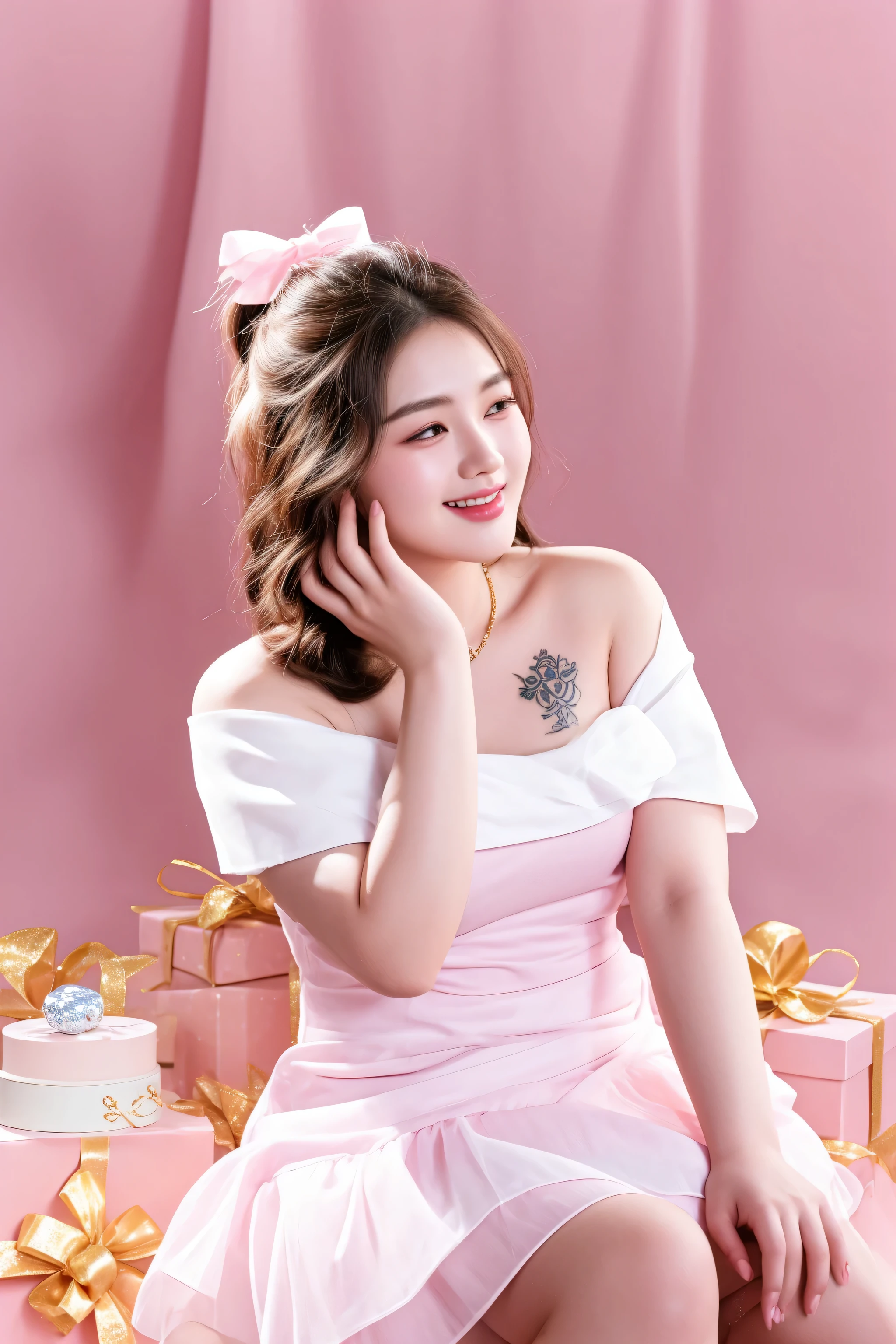 there is a woman sitting on a pile of presents with a pink background, sakimichan, bbwchan, milky white skin, captured on canon eos r 6, lovely woman, chiho, portrait shot, of taiwanese girl with tattoos, chinese girl, smooth pink skin, photo taken with nikon d750, photo taken with nikon d 7 5 0