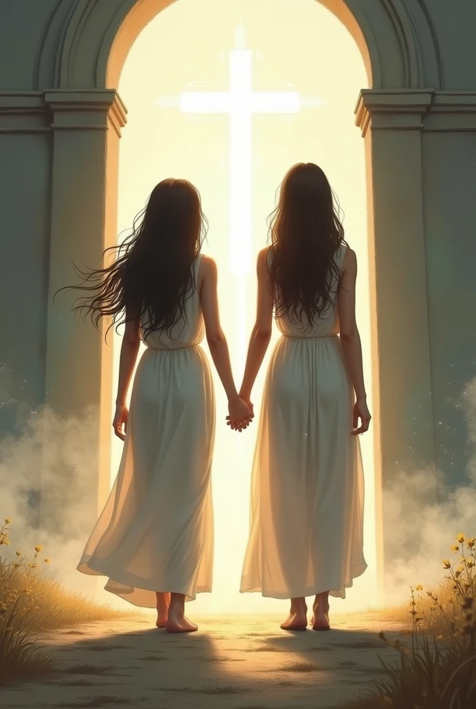 a young woman with long dark hair, wearing a white maxi dress, bohemian style, stands by her older sister who has long brown hair, wearing a top with joggers, holding her hand, walking towards heaven, beautiful, sisterly love, grieving the loss of a sister, walking my sister to heaven, heaven's gate in the background
