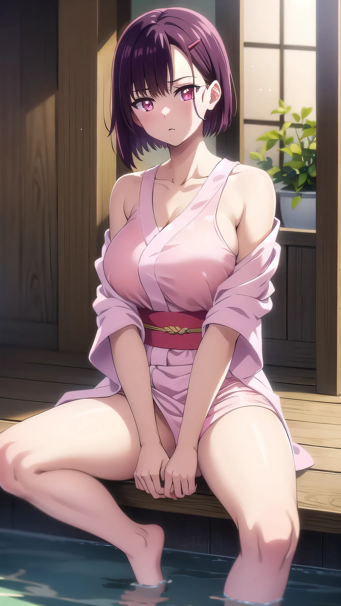 BREAK looking at viewer,BREAK (masterpiece:1.2), best quality, high resolution, unity 8k wallpaper, (illustration:0.8), (beautiful detailed eyes:1.6), extremely detailed face, perfect lighting, extremely detailed CG, (perfect hands, perfect anatomy)onsen,hot springs,night,soft light,wet,shizuka mikazuki, short hair, purple hair, hair ornament, hairclip, (pink eyes:1.5), swept bangs,
collarbone, japanese clothes, kimono, sash, obi, towel, hand fan, yukata, holding fan, pink kimono, paper fan, towel around neck,upper body,neckline, cleavege,nipples see through,upskirt,showing legs,showing panties,camel toe,sitting, spread legs.