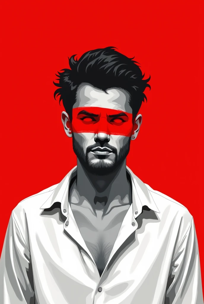 A stylized vector art portrait of a man with a black and white face, partially obscured by a bold red strip across his eyes and mouth. The background is a solid red. The figure appears solemn, wearing a loose white shirt, conveying a sense of conflict or restriction, vector art, 2k cartoon type