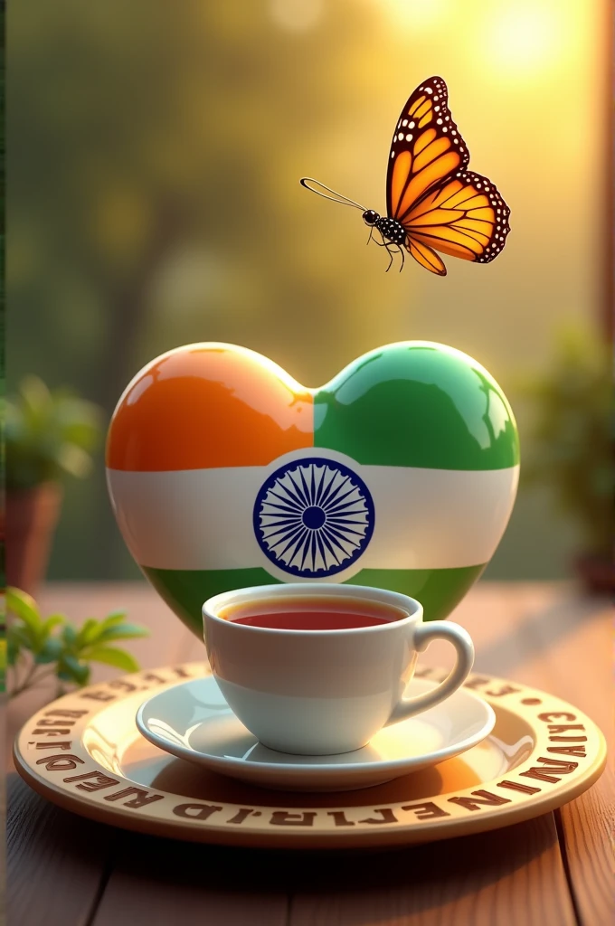 Create an image that features a heart-shaped object with the Indian flag's tricolor (saffron, white, and green) design and the Ashoka Chakra in the center. Place the heart on a circular plate with a cup of tea in the foreground. A butterfly hovers above the heart. The words "GOOD MORNING" are engraved on the plate's edge, and the overall style is glossy and vibrant, with a warm, inviting feel.