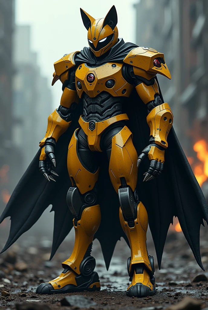 Make a Power Rangers Psycho Rangers with details of a dark yellow fox with a cape and claws with 2 police giroflex on the helmet on both sides robot