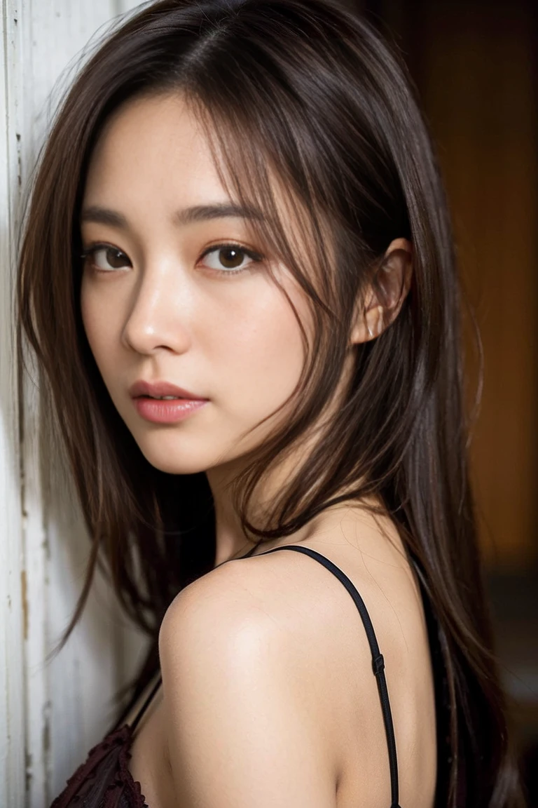 dark brown hair、light brown eyes、Japanese actress face、 lady、I'I like him and I'I'I am about 40 years old..、(intricate details:1.2)、(which one is the top?:1.4)、 (ultra high resolution:1.2)、ultra high resolution、(finely tuned)、(detailed facial features)、nffsw、8k resolution、D cup size breasts、long hair、big window、luxurious space、relax、、,full body photo、head to toe shot、beautiful feet、Camisole dress、beautiful feet、A refreshing room full of sunlight、she, household items, (plant:0.8), center of fashion, extreme details, very detailed, realistic, hourglass body, obscene pose,、、I cry a lot、tears、person on the left、white wall、white floor、diagonally from below、raise your chin、put your butt against the wall、Relaxed expression、Pose of Weakness、(auraroid photo:1.2)、from outside the window、Transparent painting masterpiece、8k、32K、highest quality、(Details of both eyes)、1 girl、elegant、(loose dress :1.4)、sunset、sit、(Low - Angle、I look up and see this:1.2)、Hilarious、leaning against the wall、look at the camera、