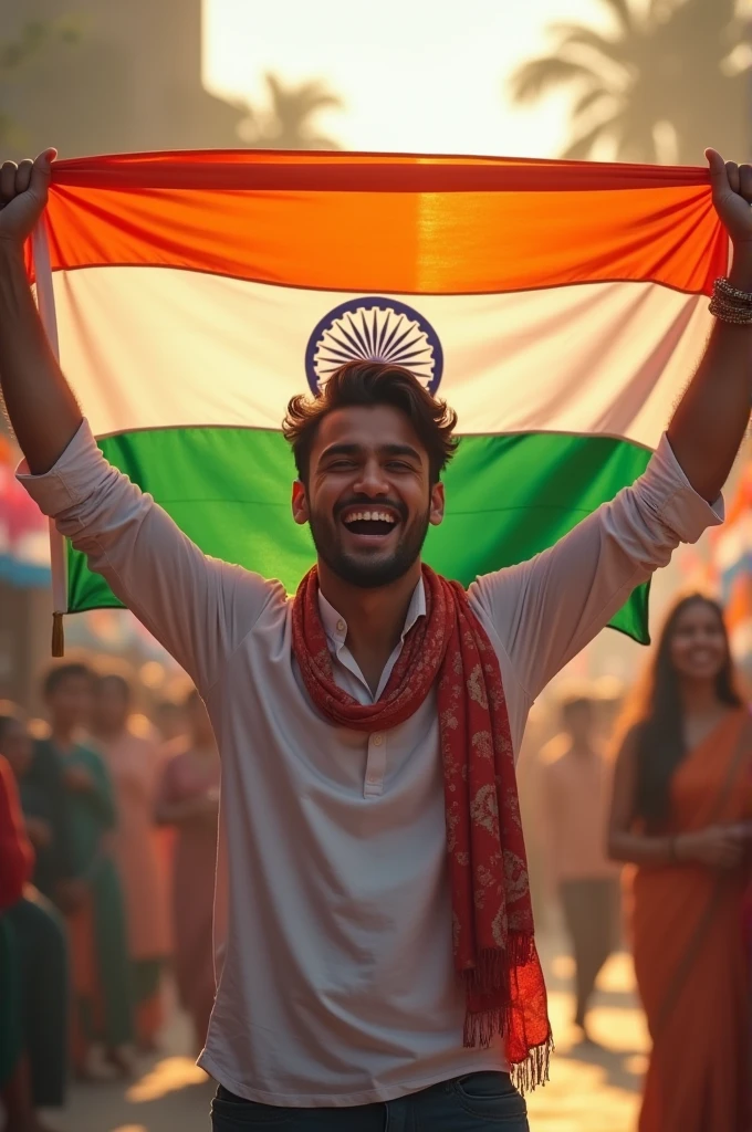a 22 year old boy hussain hold indian flag onhis hand with happiness