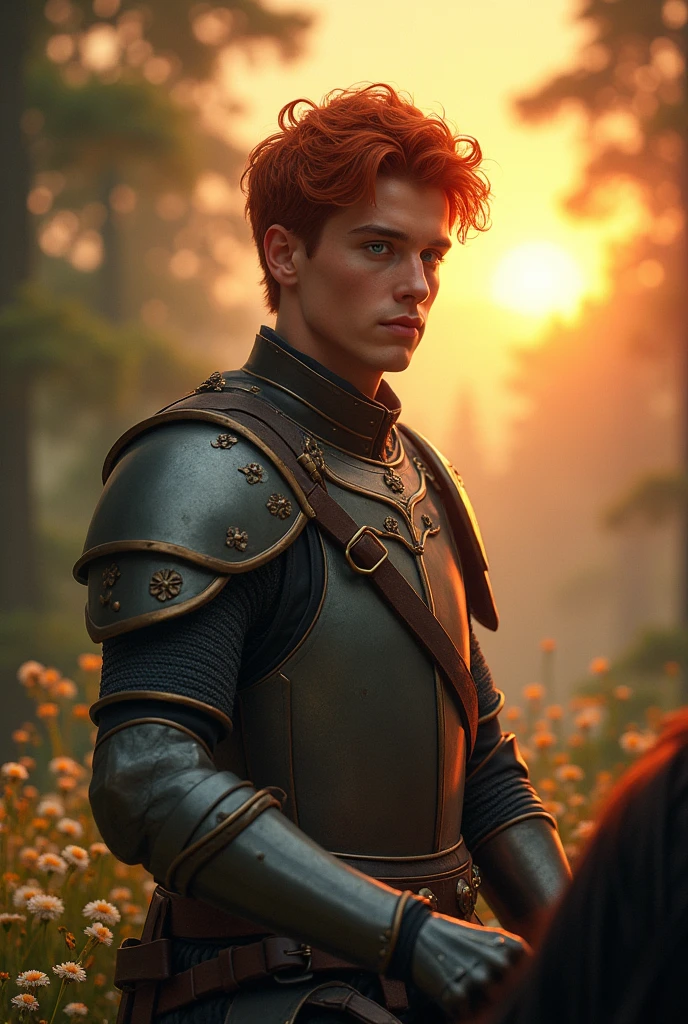Photo réaliste Tres beau jeune homme charmant regard et tête angelique cheveux roux court yeux bleu perçant lèvres roses et brillante en armure sur un cheval avec des fleurs dans une forêts  avec du soleil couchant 