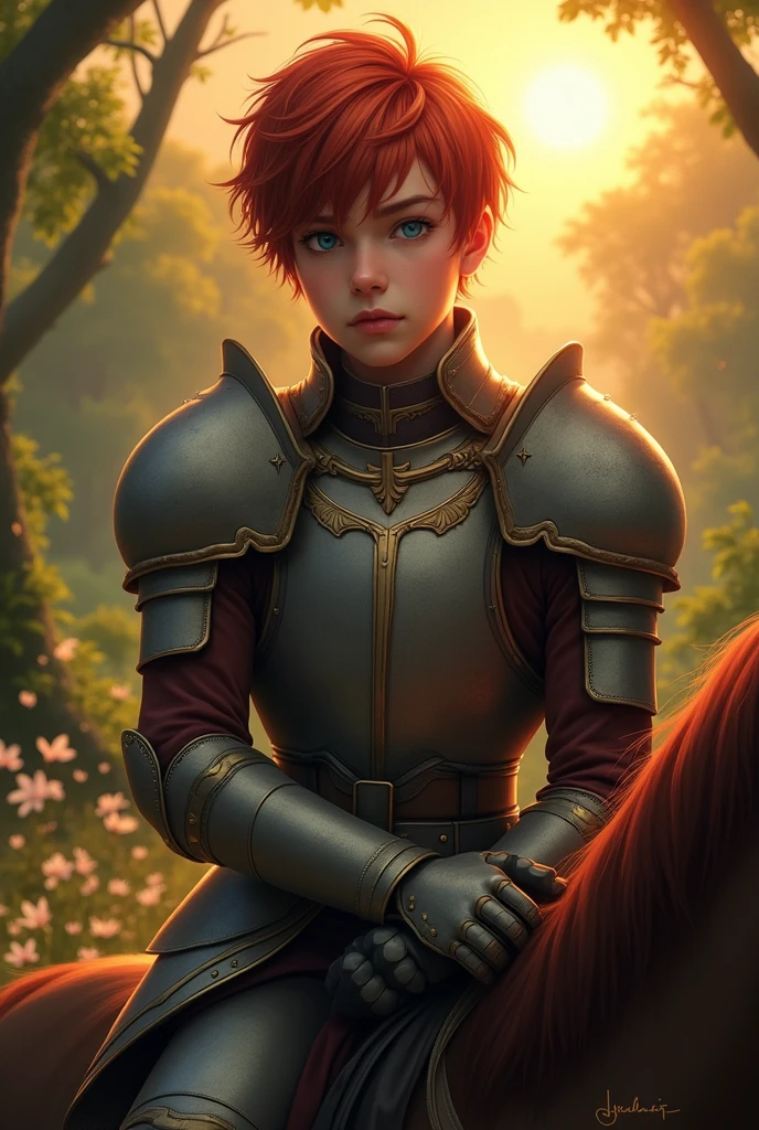 Photo réaliste Tres beau jeune homme charmant regard et tête angelique cheveux roux court yeux bleu perçant lèvres roses et brillante en armure sur un cheval avec des fleurs dans une forêts avec du soleil couchant