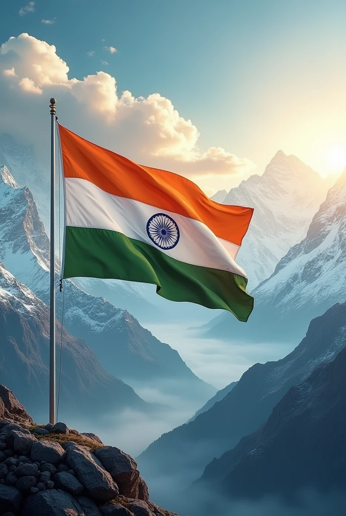 Make the Indian flag a 4K resolution image with snow-capped mountains in the background and sun in the sky with some clouds. Instagram story photo size