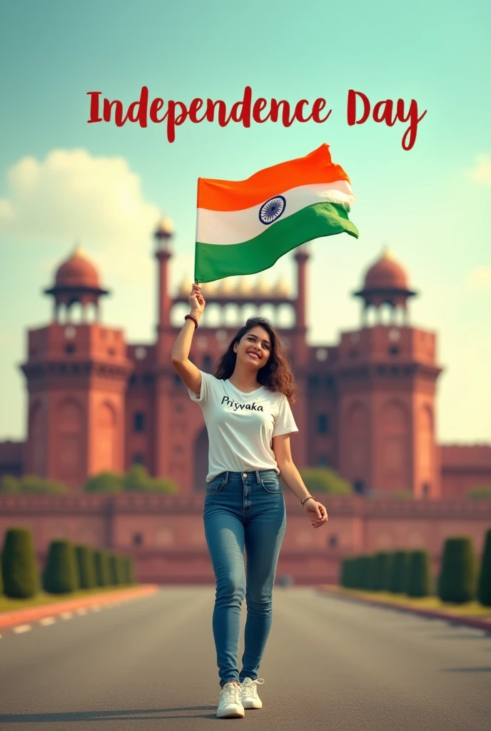 A real 24 years old girl, Wearing White T shirt blue jeans sneakers and the name "Priyanka" is written on his t-shirt and the boy is standing on the road with holding a national flag of India, and behind him is the Red Fort Delhi. And written on sky "Independence Day" Create Realistic image high qualityv