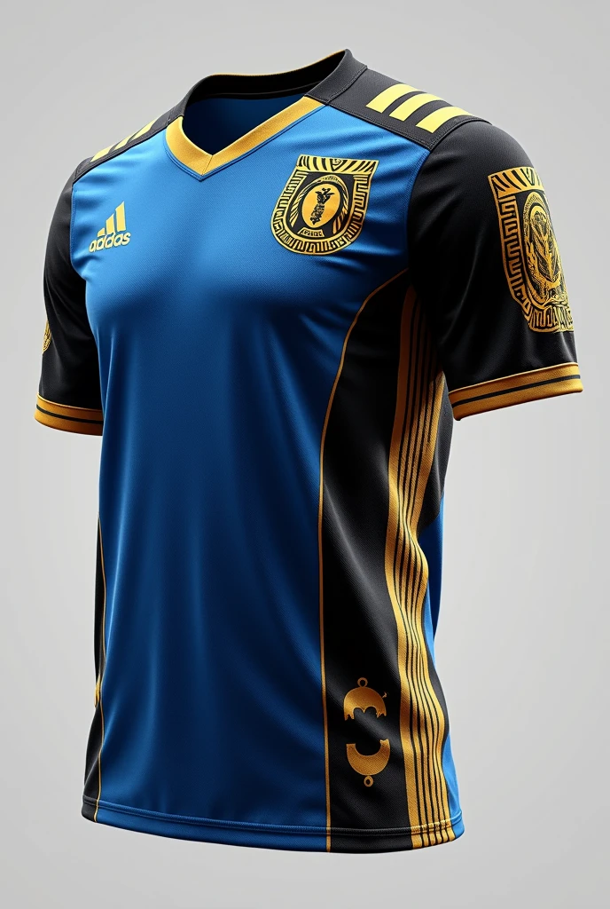 Create a simple game jersey with the blue color, gold and black, with a symbol on the side of the shirt related to the goddess Athena and on the sleeves the crown of Athena