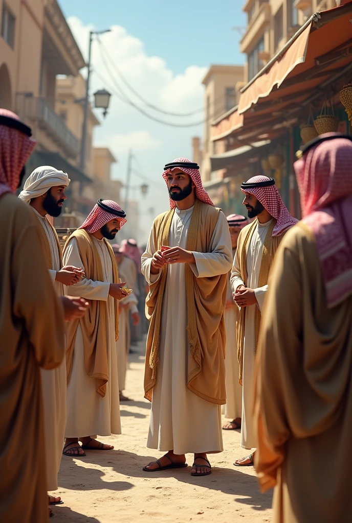 Create an image of a person in arabic dress swlling diamonds to some other people in arabic dress in saudi arabia