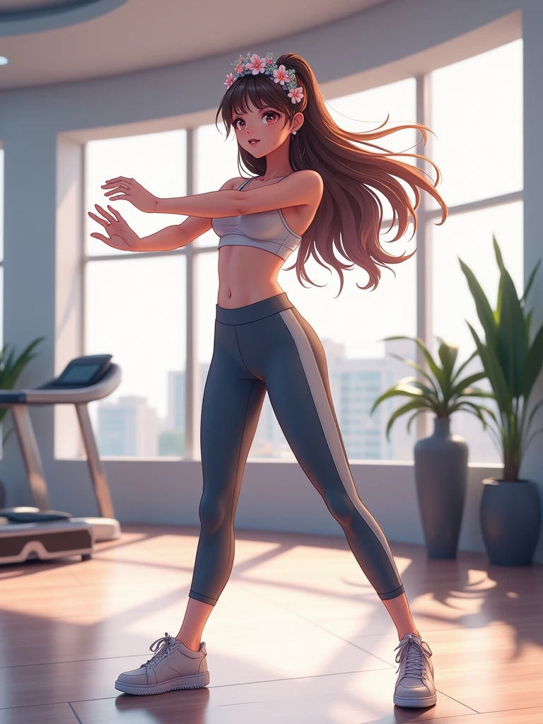 A pretty girl, 1 girl, doing aerobic exercises, in a morden exercise room, wearing beautiful casual clothes, curve body, pretty eyes, niji anime version, fantasy, pretty face, long hair, flowers headband, highest quality, 8k