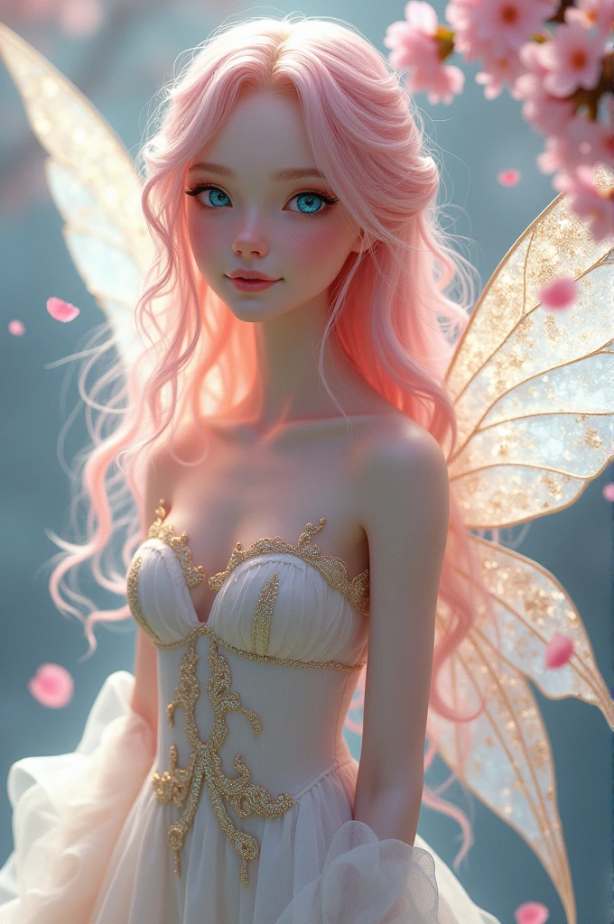 A fairy with big shimmering Cristal Wings. Light blue eyes .Pink Long hair , smiling . Wearing a White Dress with golden embroadory. Cherry blossoms. 
