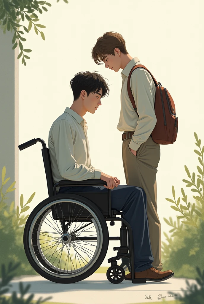Taehyung sitting in a wheelchair and Jungkook standing next to him 