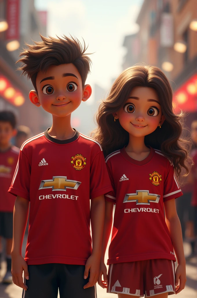 A boy and a girl wearing Manchesteunited cloth
