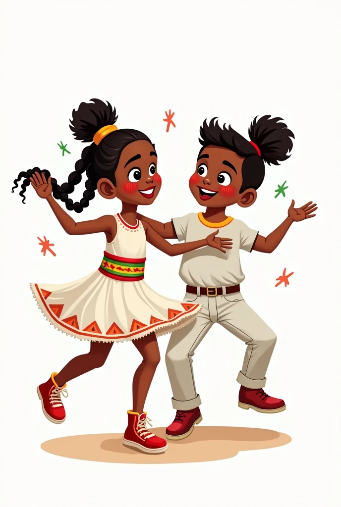 Cartoons of an African American girl with braids dancing saya dressed in a white dress with a belt in the colors of the Bolivian flag and a boy from the Yungas dressed in white with the colors of the Bolivian flag playing a bombo dancing Afro-Bolivian saya without background 