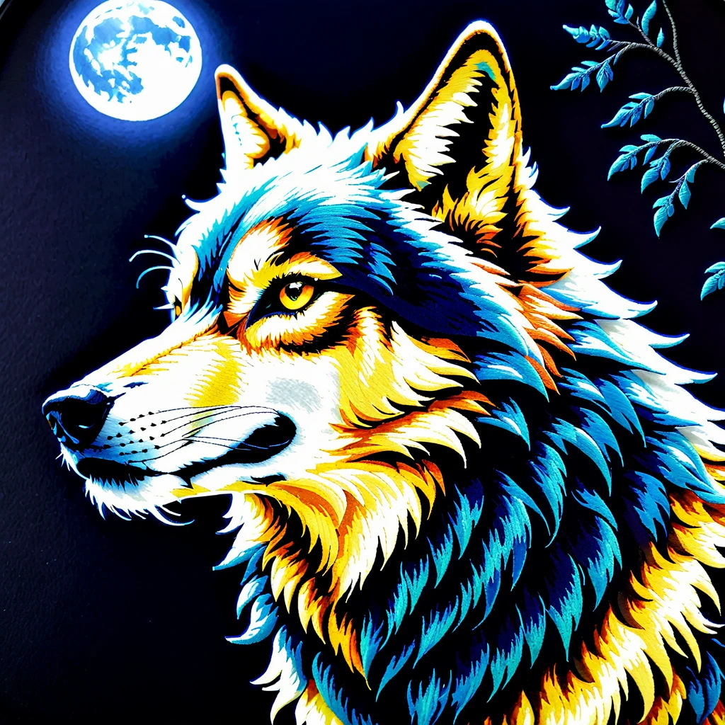 (((Fabric embroidery art of beauty colors:1.3))), (((cinematic-like howling wolf of fine detail embroidery:1.3))), ultra-realistic Fabric embroidery, dark-fantasy inspired embroidery, night of mystery and fantasy intricate detail embroidery, highly quality, highest quality, (((top quality embroidery art:1.3))), (((emphasizes the texture of the thread:1.3))), (((embroidery texture:1.3))),