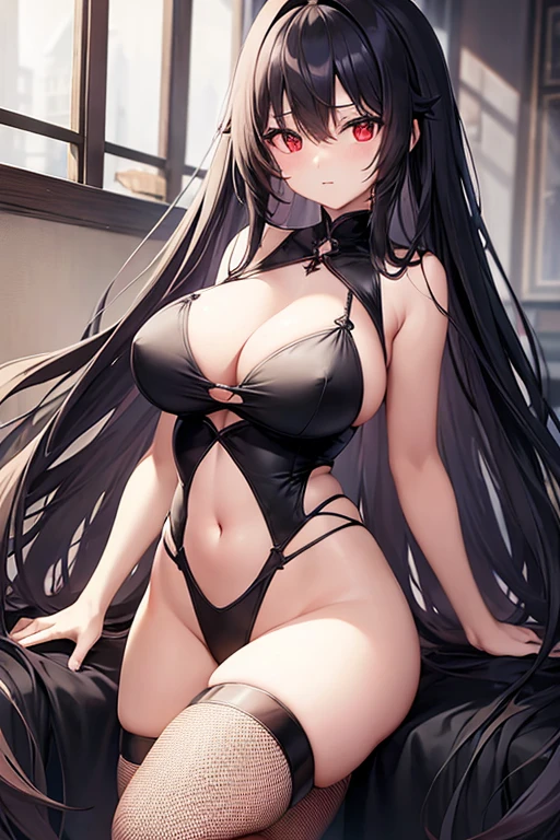 Big Breasts、long hair、Black Hair、Black Lingerie、Fishnet tights、Red Eye、Long, slender legs、Emphasize the chest、whole body、High resolution、masterpiece、Highest quality、High-resolution model
