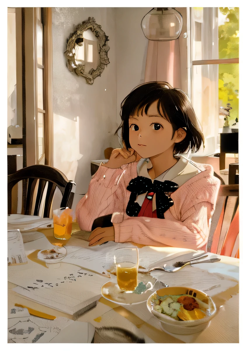 Girl, seat, table, short hair, look at wiever, room, cute, detailed, (masterpiece:1.1),