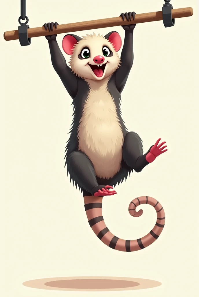 Gymnastics opossum doing gym pull-ups sticking out its tongue