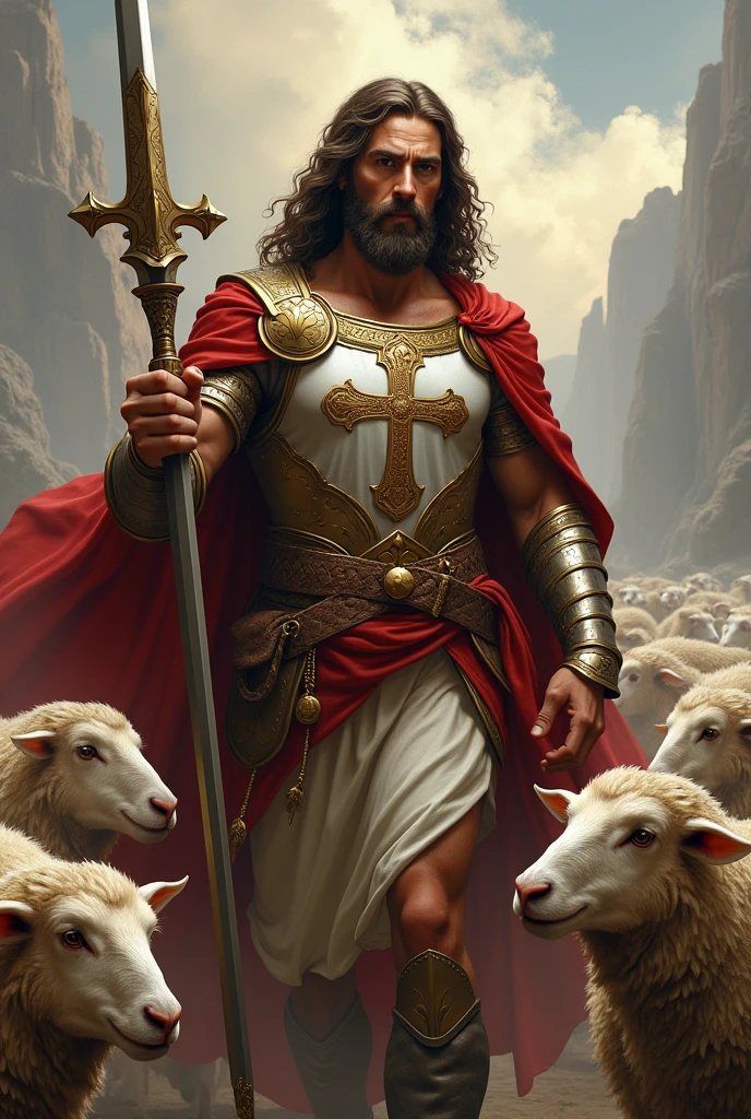 (absurdres, highres, ultra detailed), 1 male, Jesus Christ, muscular man, beard and big hair, beautiful armor with cross on his chest, with a weapon in his hands, protecting his several sheep,