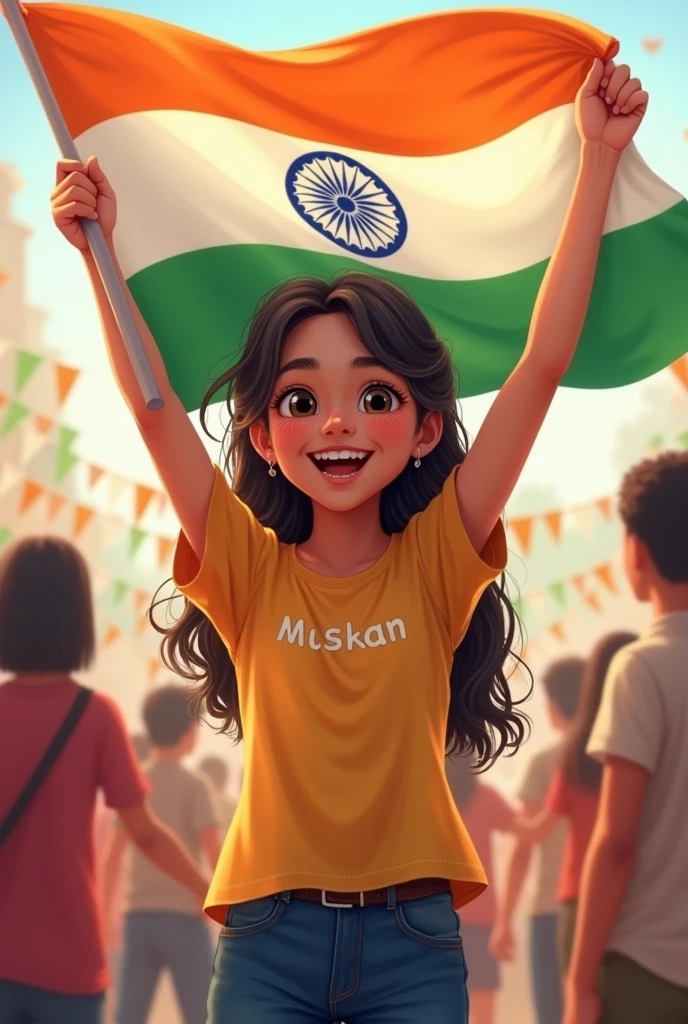A cute Girl Flying indian flag in independence day & tshirt front Name is Muskan 