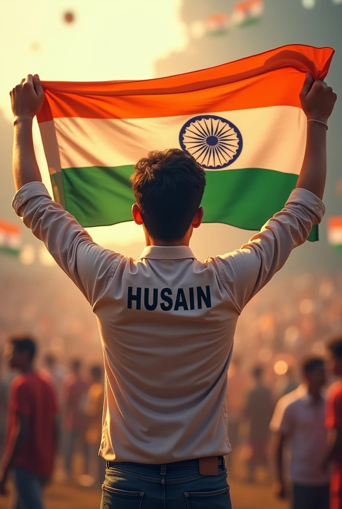 a 22 year old boy hussain hold indian flag onhis hand with happiness and his name written on his back