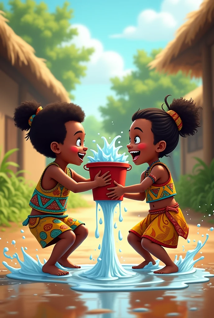 African children fighting each other, with a bucket of water instead of a trophy